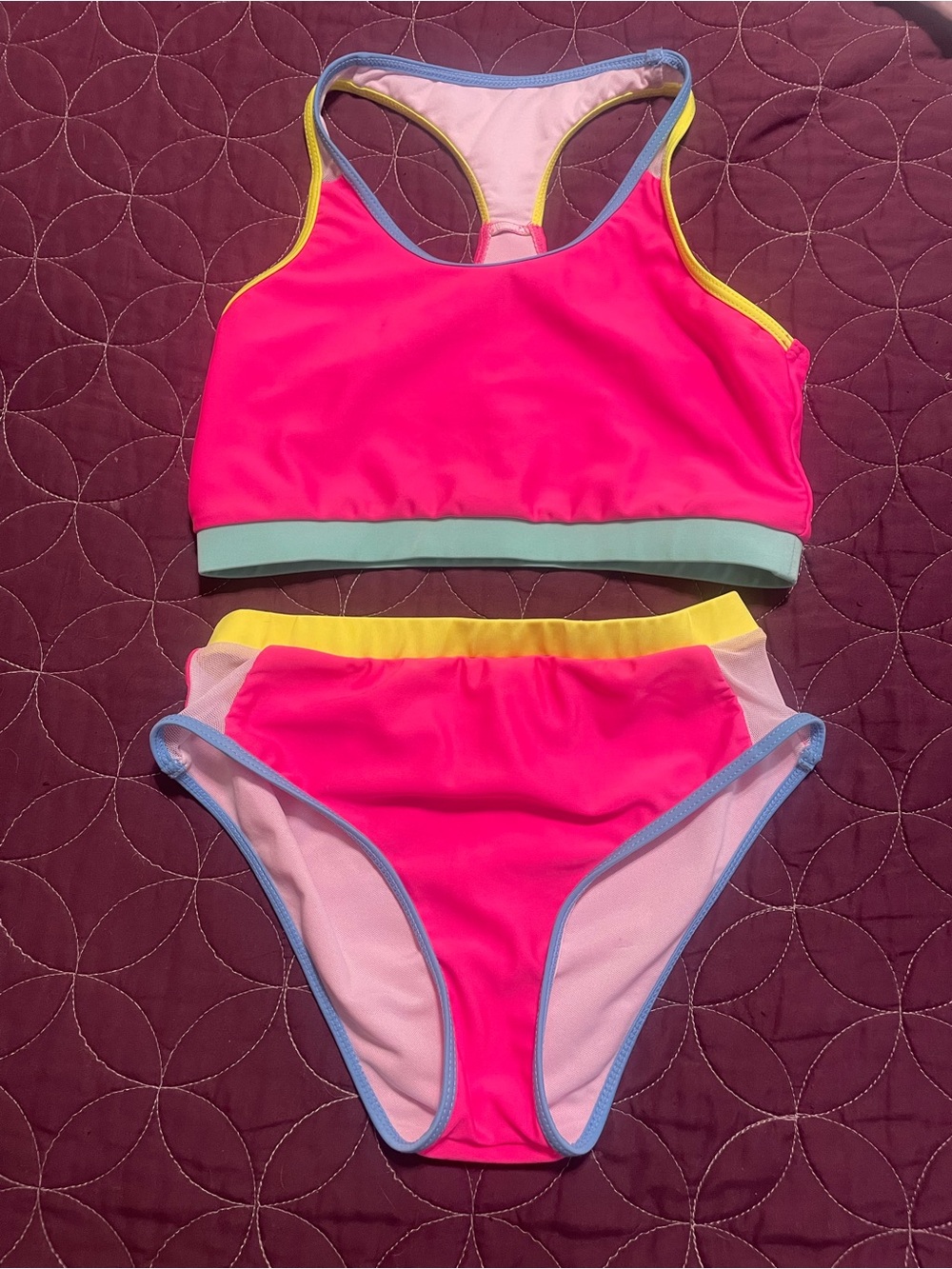 SHEIN Neon Pink Girls' Two-Piece Racerback Swim Set with Yellow & Mint Trim